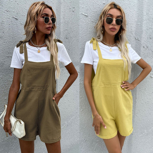Women's Summer Shorts Loose Solid Color Casual Straps Cotton And Linen Overalls Women