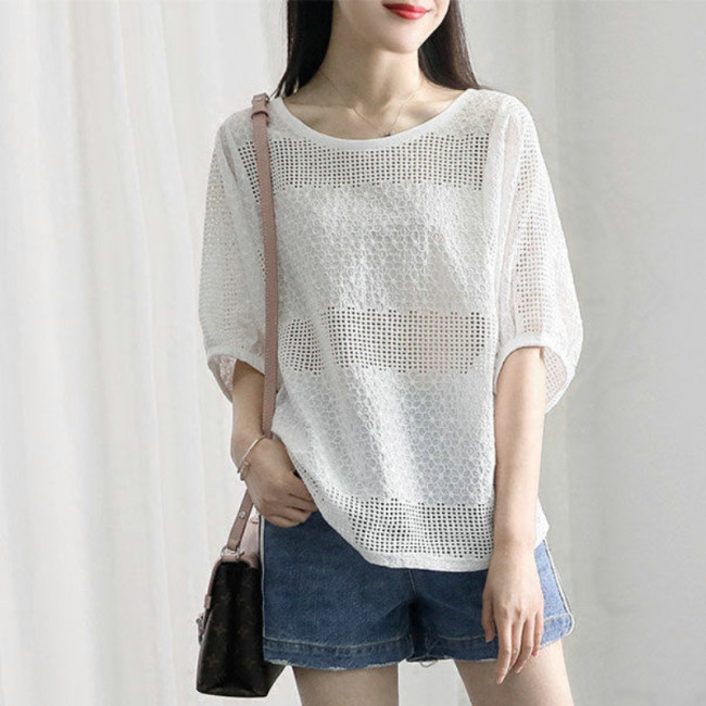 Women Puff Sleeve Chic Summer Soft Hollow Out Blouses