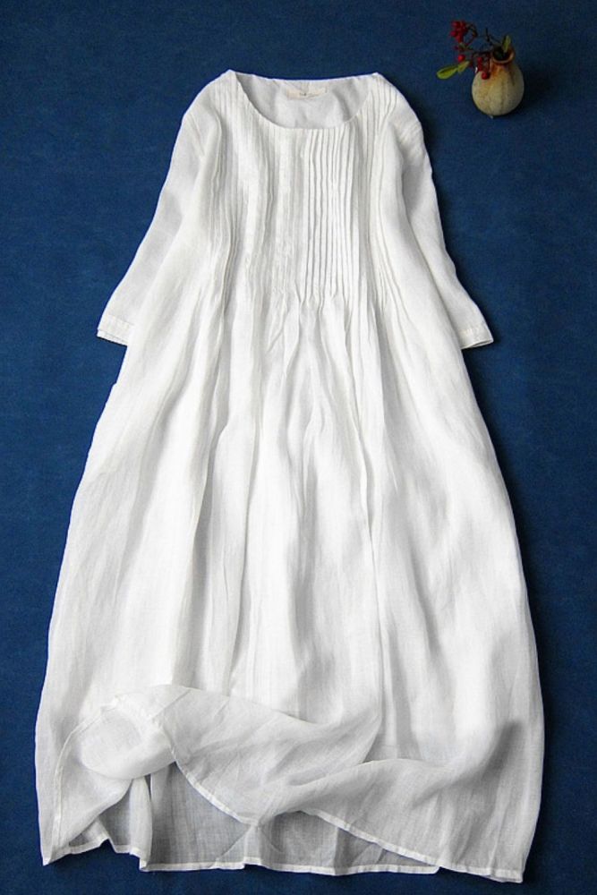 Women's Vintage High Waist O-Neck Linen & Cotton Dress