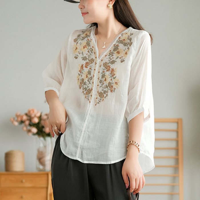 Women Summer Embroidered Cotton Linen T-shirt
