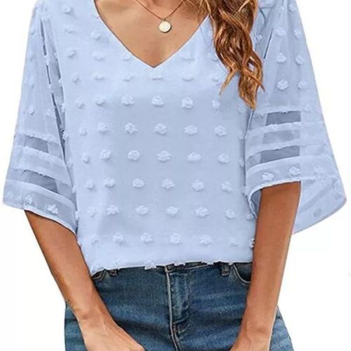 Patchwork Solid Chiffon New V-Neck Half Sleeve Loose T-shirts