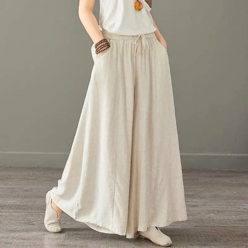 Female Plus Size Vintage Loose Cotton Linen Wide Leg Pants