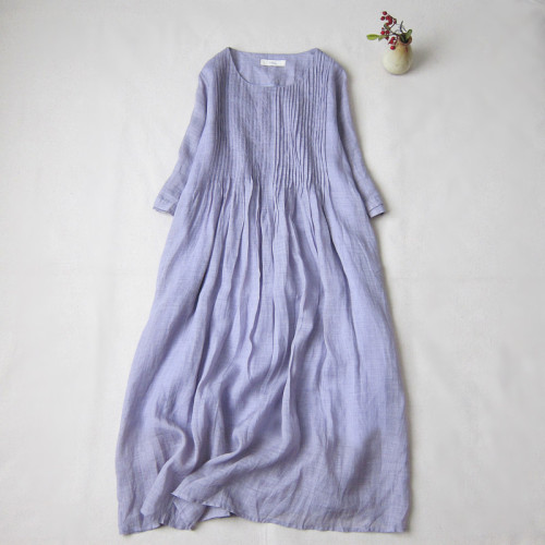 Purple Linen Pleated Dress Women Vintage Midi High Waist Dress O-Neck