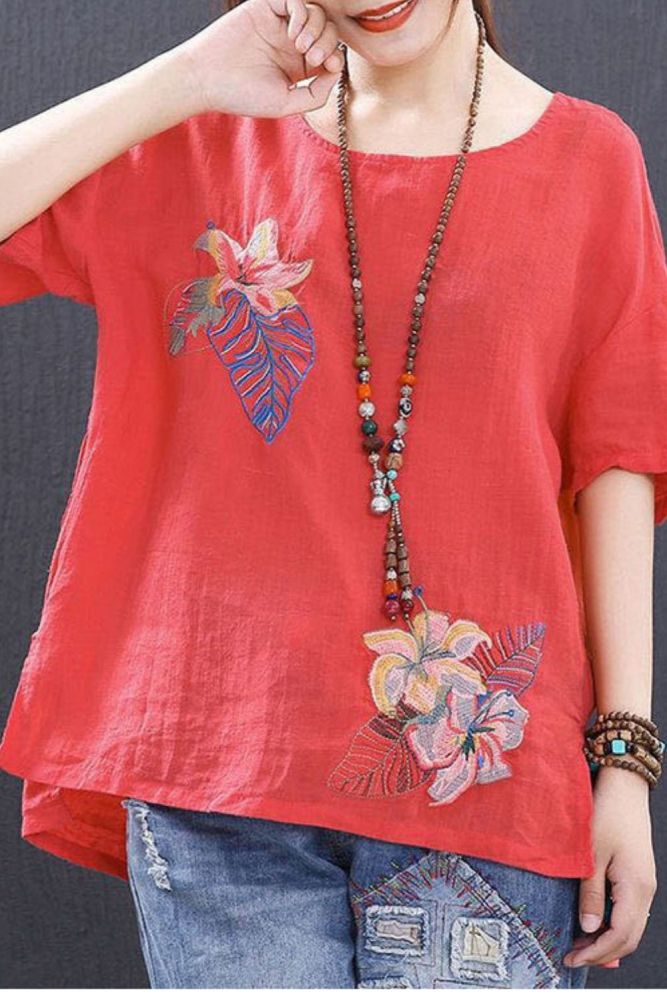 Plus size Cotton Vintage Floral Embroidery T-shirts