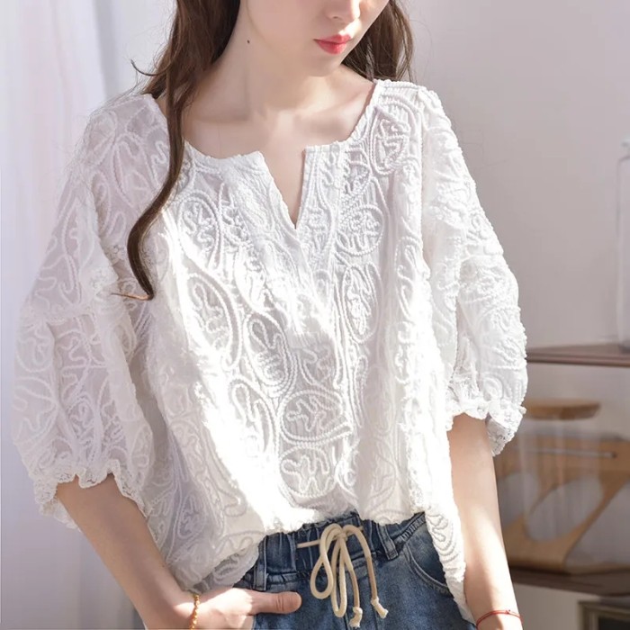 Fairy Lace Shirt Woman Tops Casual Solid Blouse OL Korean Fashion V Neck