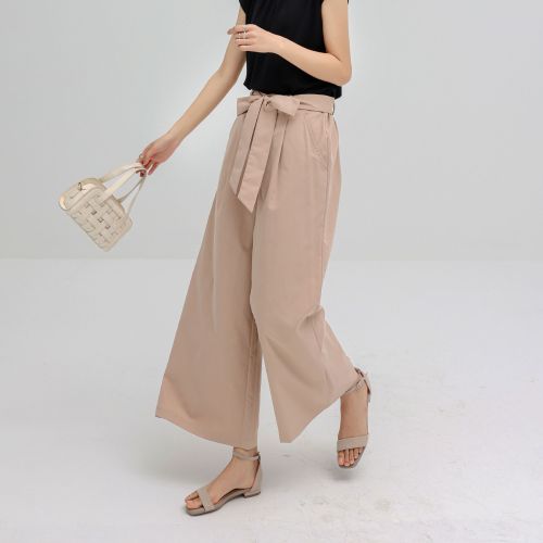 Summer Lace Up Solid Color Wide leg Pants Women's Loose Nine-point Drape Straight