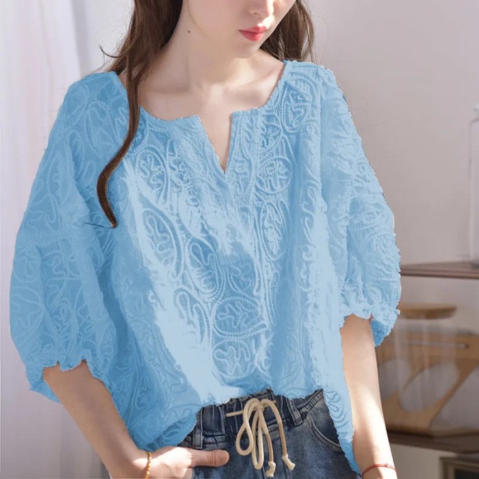 Fairy Lace Shirt Woman Tops Casual Solid Blouse OL Korean Fashion V Neck