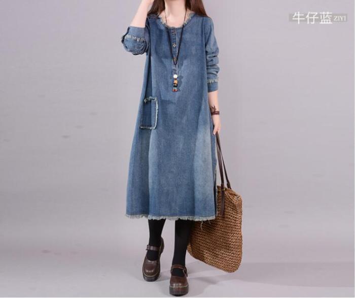 New Spring Autumn Woman Loose Korea Denim Maxi Dress