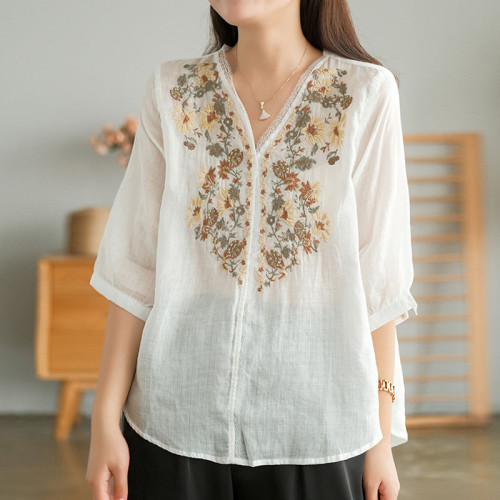 Women Embroidered Linen T-shirt