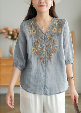 Women Summer Embroidered Cotton Linen T-shirt