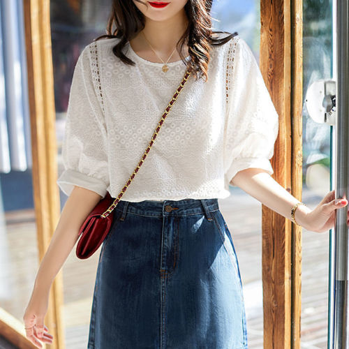 White Blouses Women Puff Sleeve Chic Summer Soft Hollow Out Design