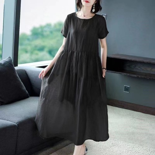 Fashion Vintage Gray Linen Loose Sundress Solid Elegant Summer Runway Dress