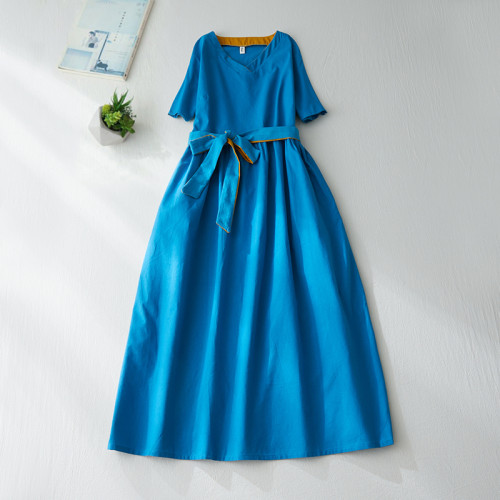 V-neck Linen  Summer Vintage Literary Ethnic Style Slim Lace-up Blue Ankle Long Dress