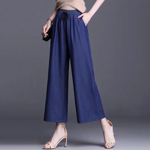 Large Size Ice Silk Women’s Thin Denim Cropped Pants Spring Summer Elastic Waist Student Trousers