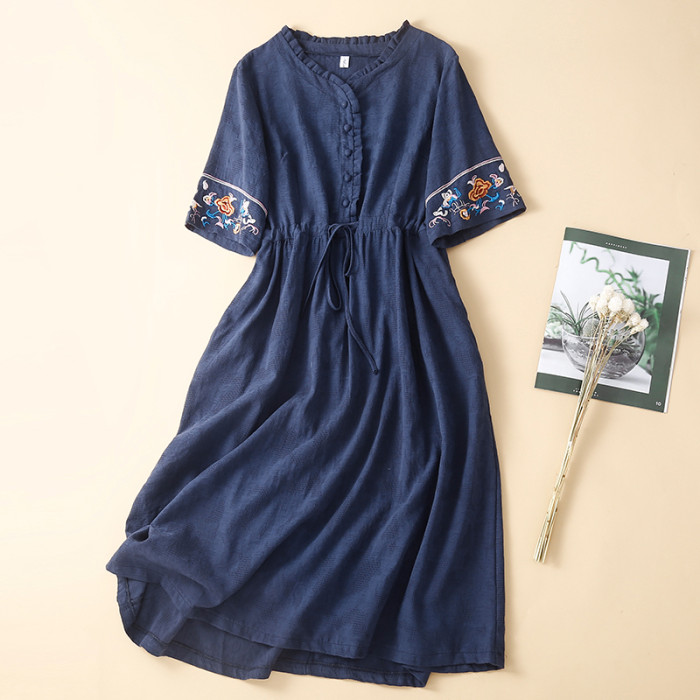 Summer Embroidery Loose Drawstring Straps Mid-length Linen & Cotton Dress