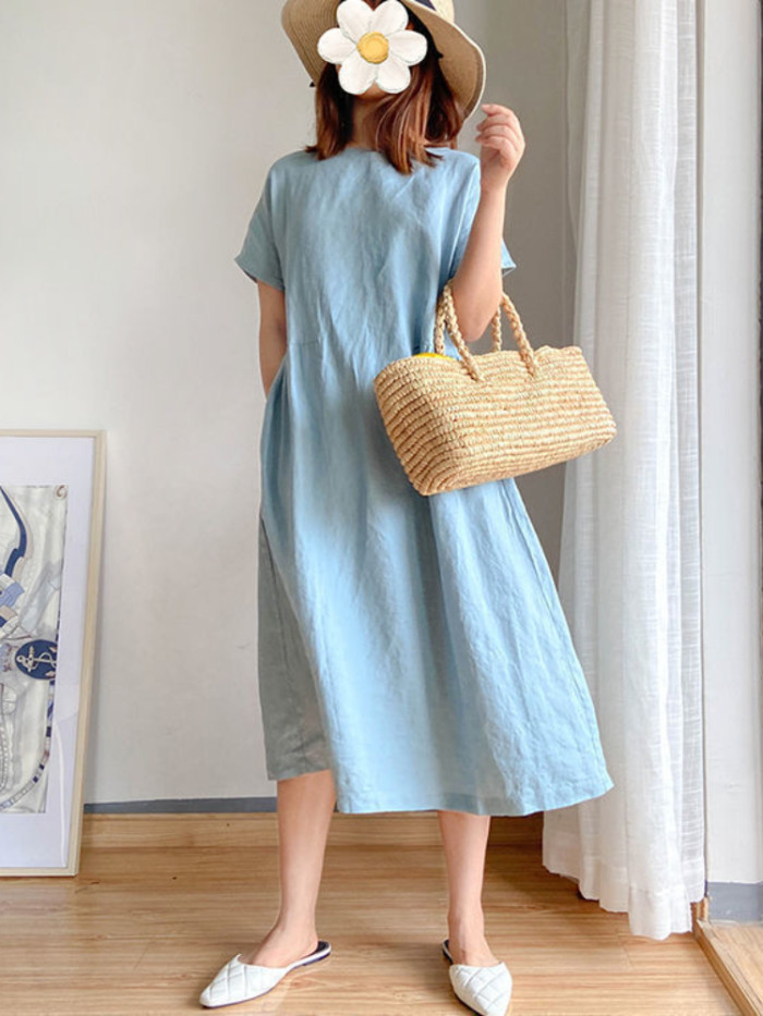Summer Cotton Linen Solid Color Large Size Dress