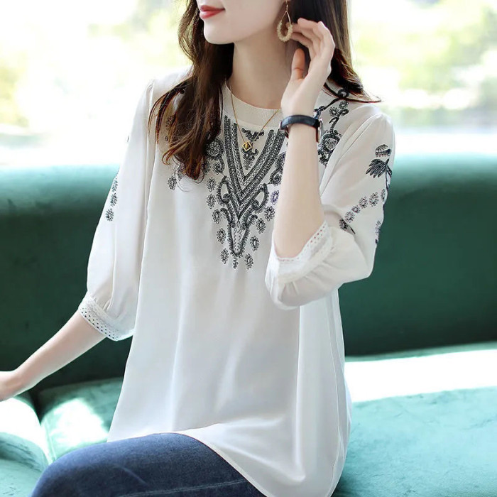 Vintage Embroidery Women Half Sleeve Blouses&Shirts