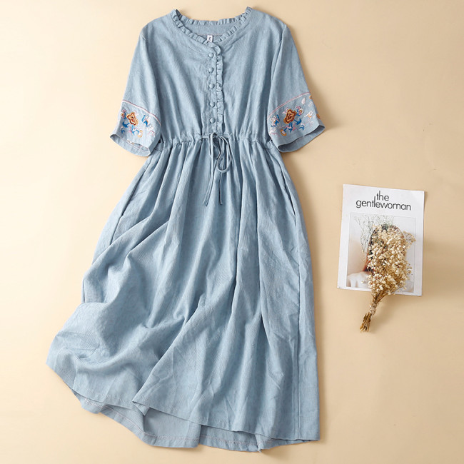 Summer Embroidery Loose Drawstring Straps Mid-length Linen & Cotton Dress