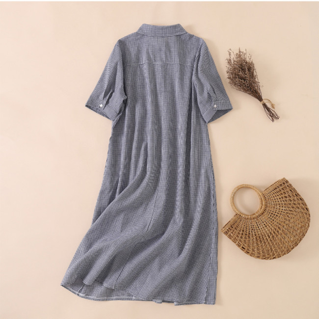 Women's Fashion Summer Plaid Linen & Cotton Dress