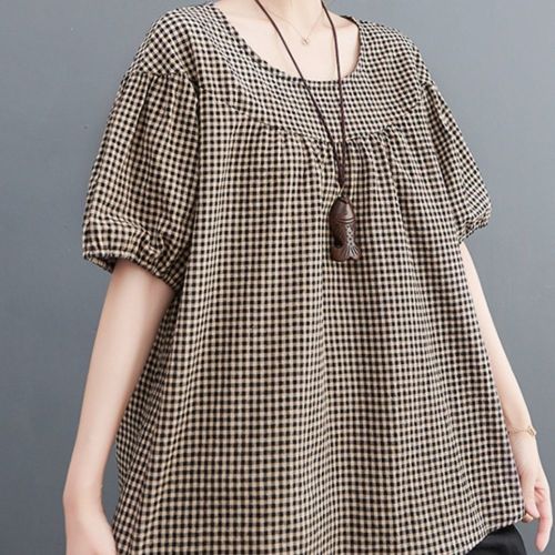 Women Summer Casual T-shirts New 2022 Vintage Style O-neck Plaid Print Loose Cotton Linen Female Short Sleeve Tops Tees B1827