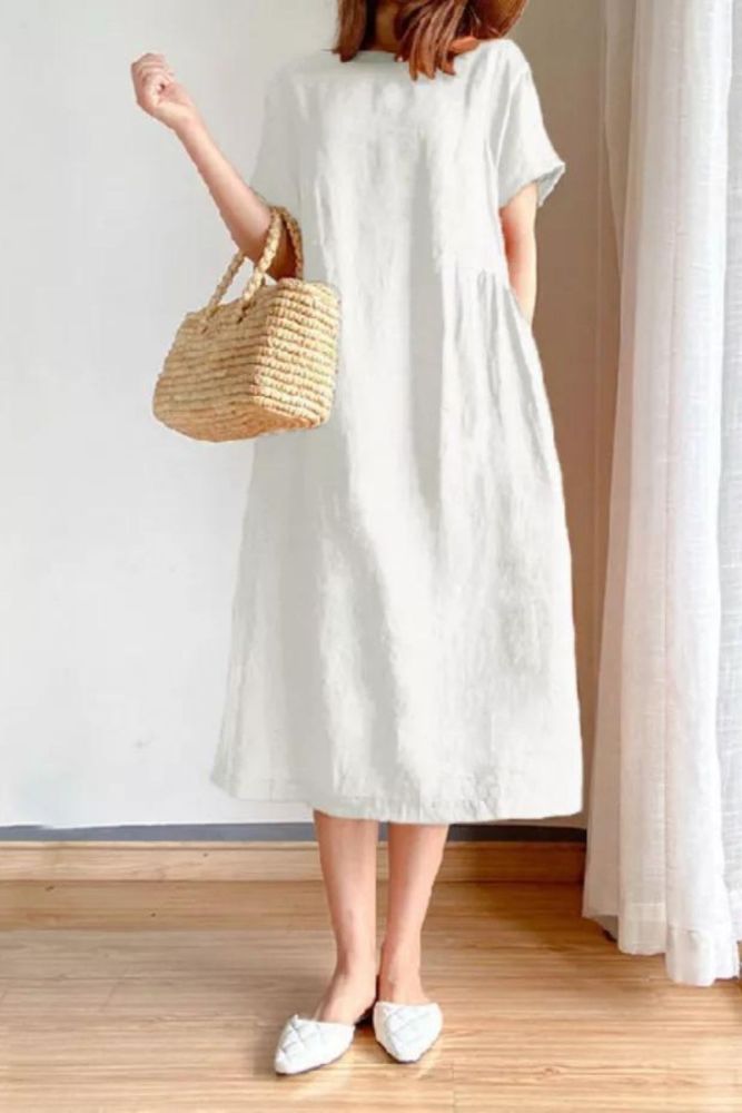 Summer Cotton Linen Solid Color Large Size Dress