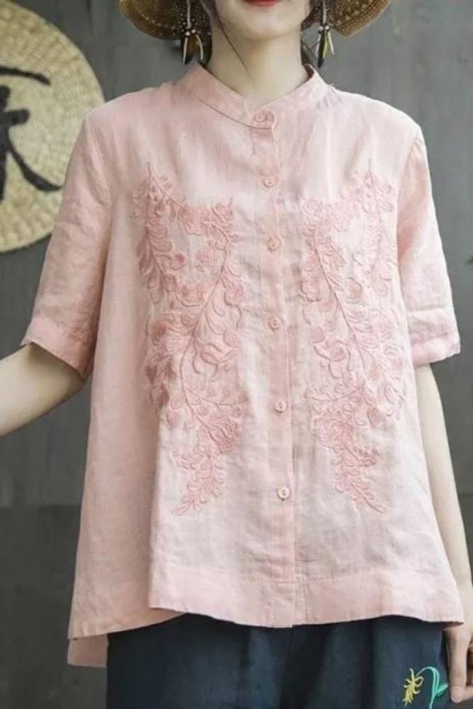 New Summer Embroidered Cotton Linen T-Shirt