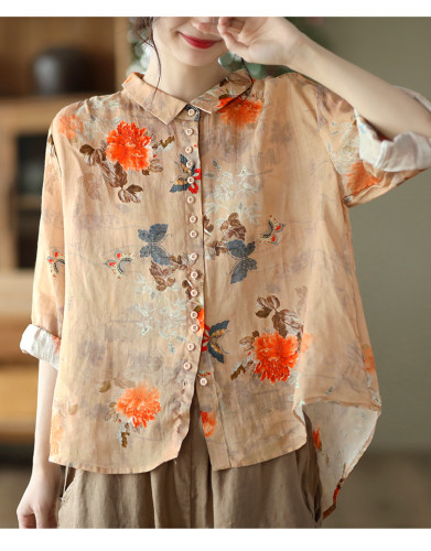 Women Fine Ramie Spring Style  Loose Single-Breasted  Blouses&Shirts