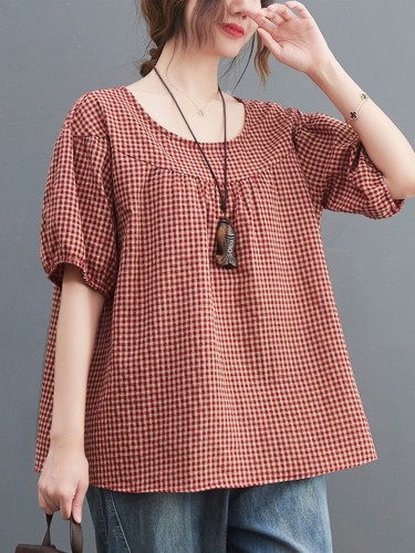 Women Summer Casual T-shirts New 2022 Vintage Style O-neck Plaid Print Loose Cotton Linen Female Short Sleeve Tops Tees B1827