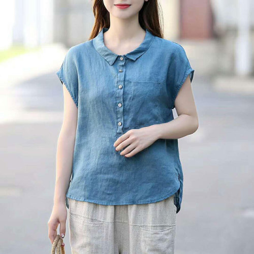 Summer Women Shirt  Collar Loose Casual Short Sleeve  T-shirts