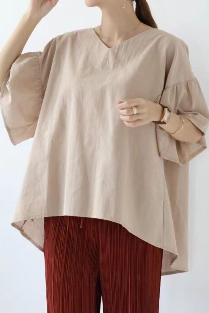 Korean Butterfly Sleeve V-neck Solid Loose T-shirts