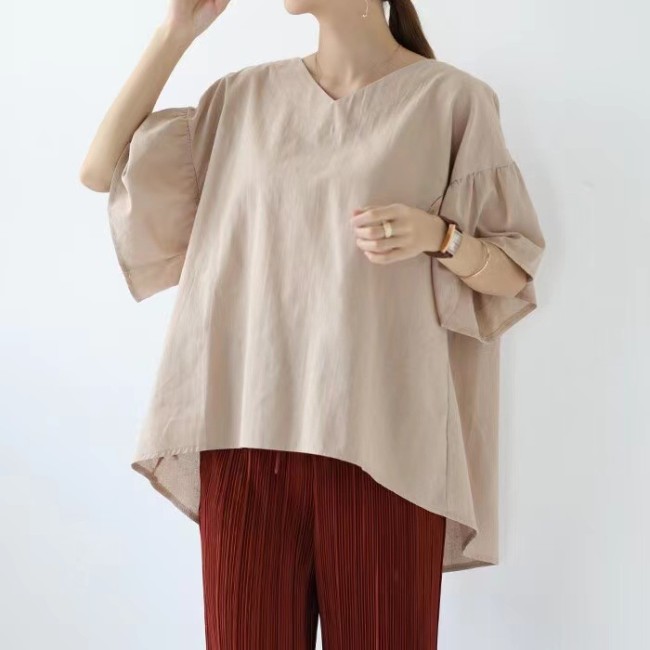 Korean Butterfly Sleeve V-neck Solid Loose T-shirts