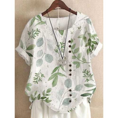 Cotton And Linen Button Flower Women's Casual T-shirts