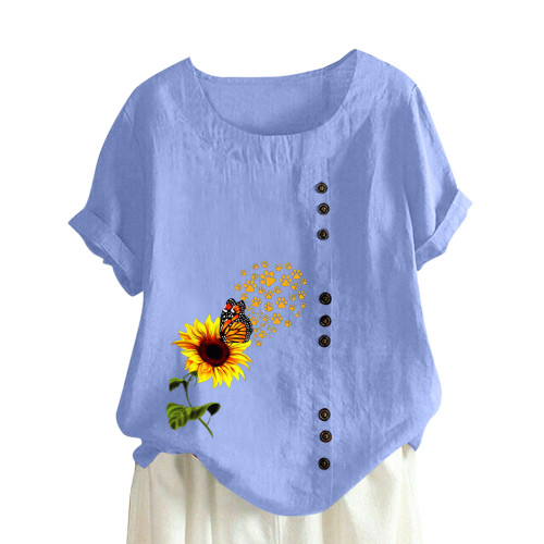 Cotton Linen  Sleeve Top Sunflower Print T-shirt