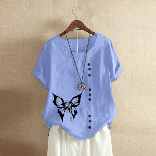 Blouses Butterfly Print Cotton And Hemp  O-neck  T-shirts