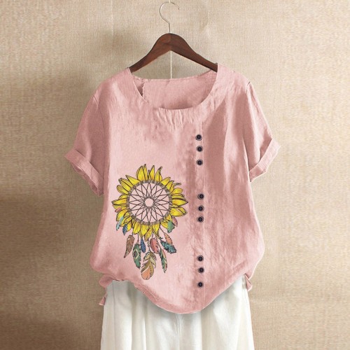 Women Short Sleeve Sunflower Print Button Casual Loose T-shirts