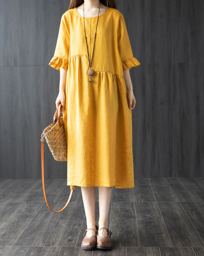 Summer Women's Cotton Linen Loose Round Neck Solid Color Dress