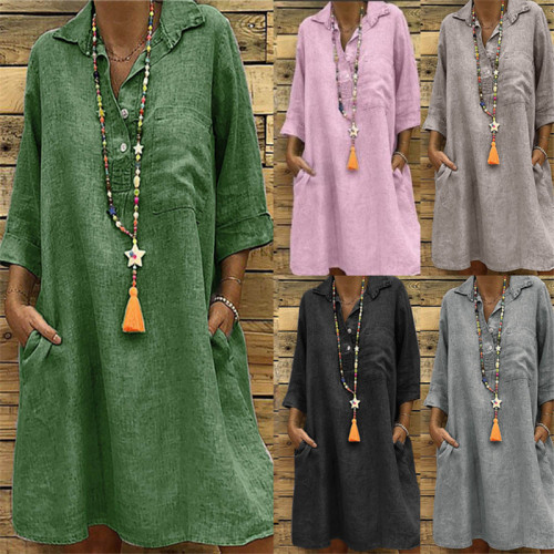 Women Vintage Shirt  Summer Solid Loose Turndown Collar Three Quarter Sleeve  Casual dresses