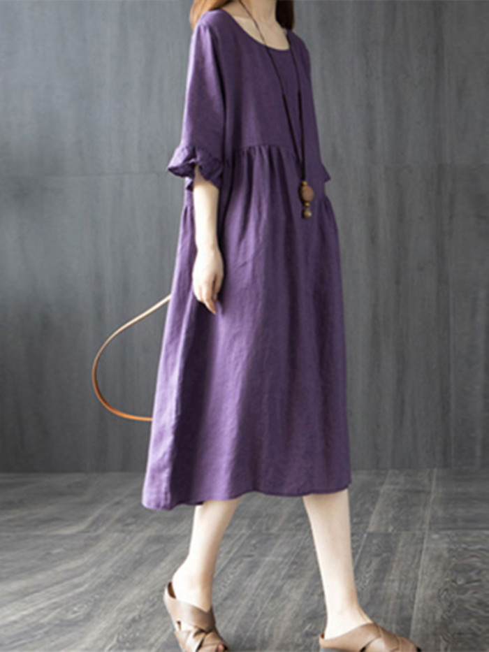 Summer Women's Cotton Linen Loose Round Neck Solid Color Dress