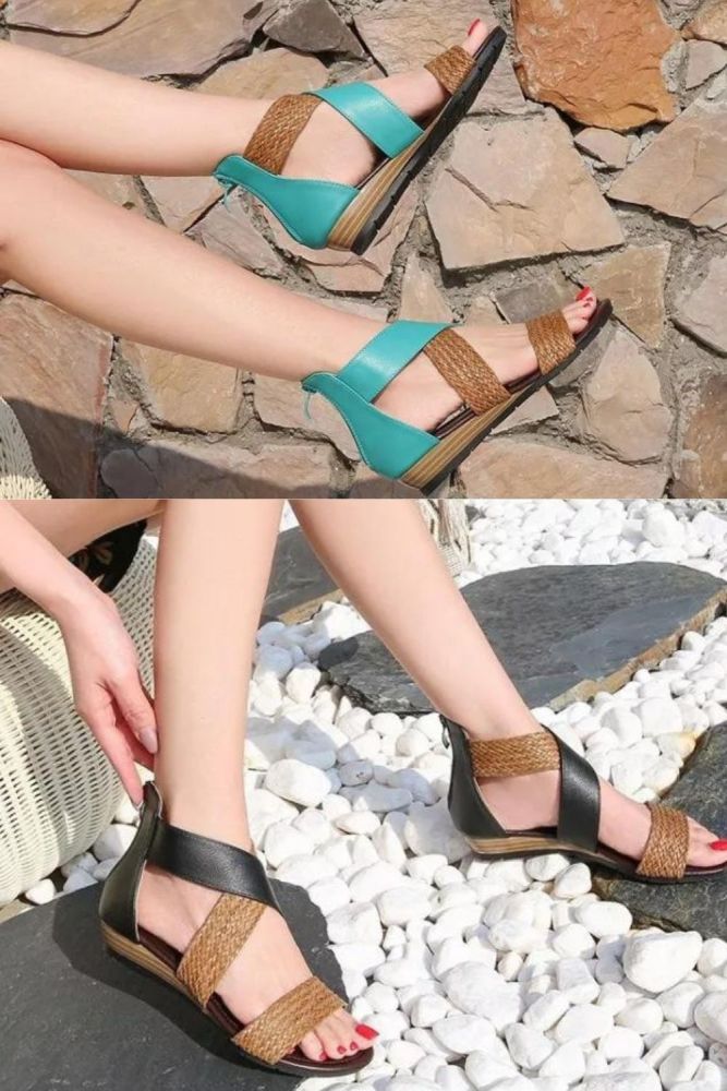 Fashion Straw Summer Vintage Zipper Soft Sole Women Sandals