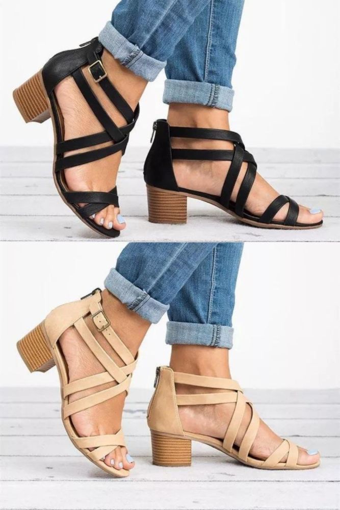Women Fashion Cross Strap Block Heel Casual Sandals