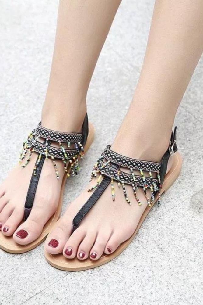 Women Tassel Pu Flat Heel Casual Summer Sandals