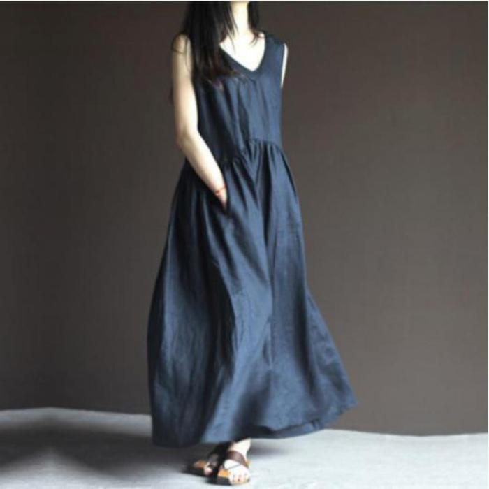 Summer Loose Thin Cotton Linen Sexy V-neck Simple Maxi Dress