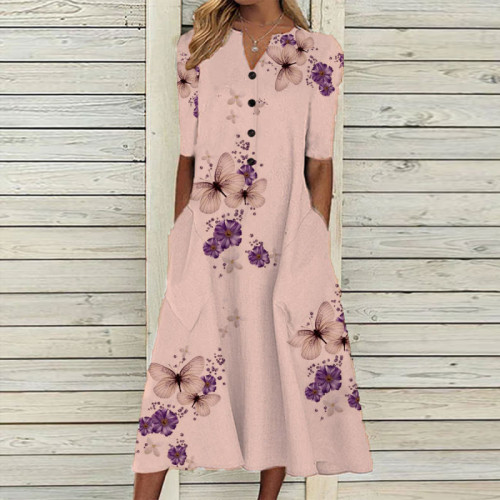 Elegant Women V-neck Button Summer Print Casual Dress