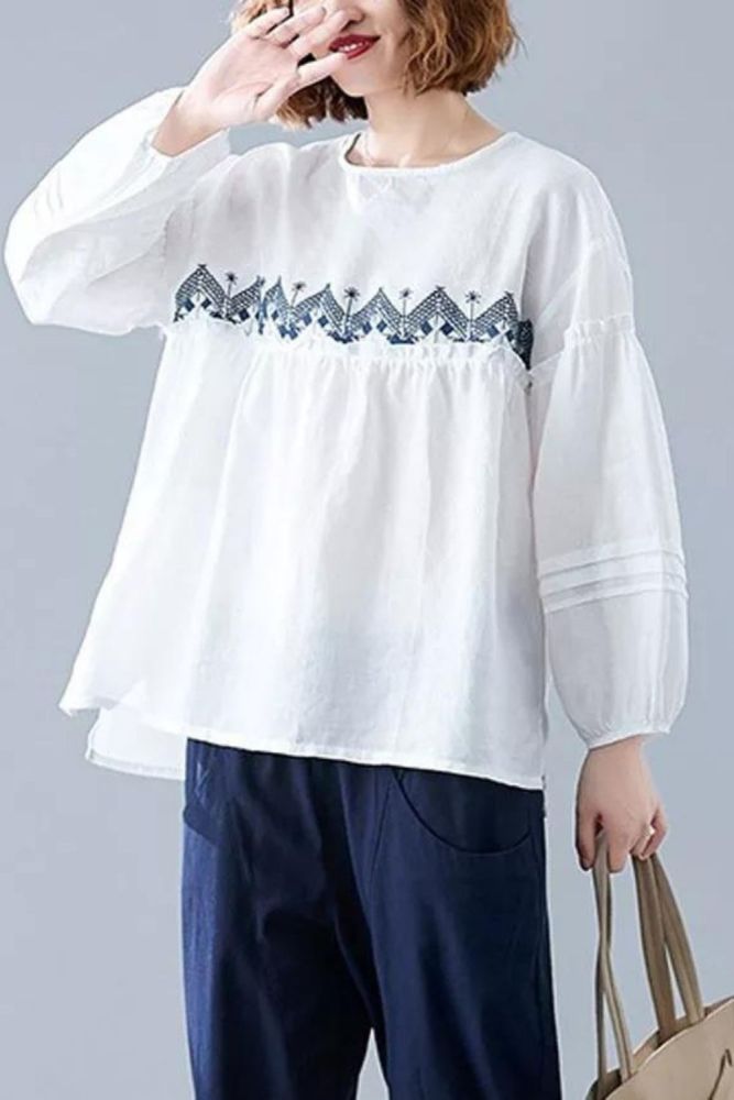Embroidery Flowers Women O-neck Casual Shirts