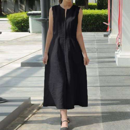 Summer Vintage Black Sleeveless Casual V-neck Loose Maxi Dress