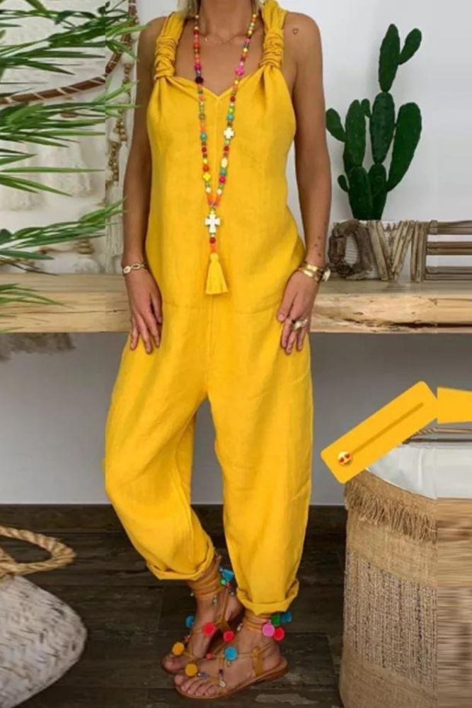 Women's Yellow Sleeveless Solid One-Pieces Jumpsuits
