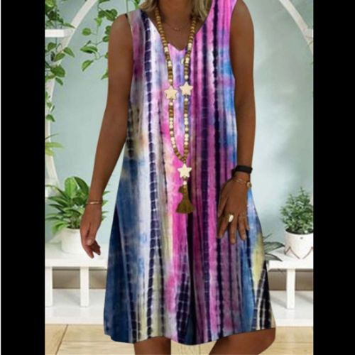 New Women's Sleeveless V-neck Stripe Print Casual Dress