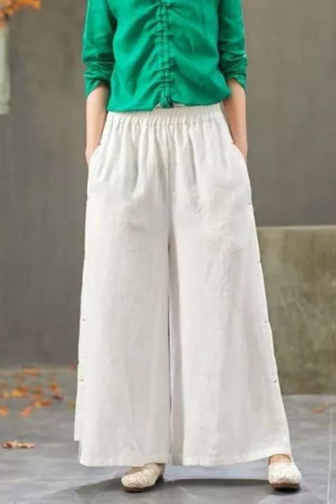 Summer Women Elastic Waist Cotton Linen Wide Pants
