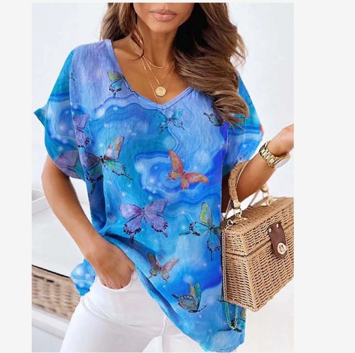Women's Summer Pullover V-Neck Printed T-shirts