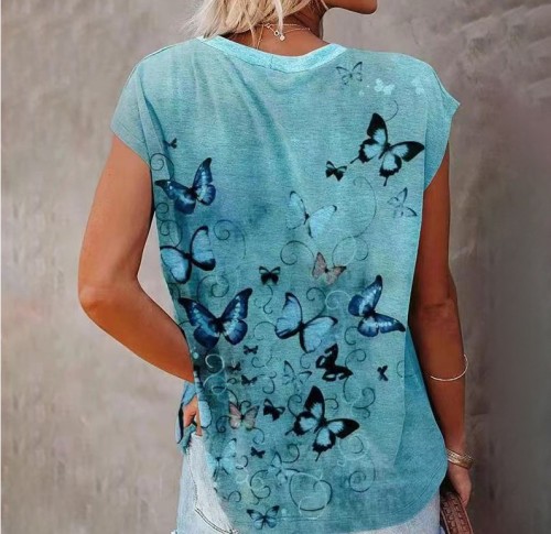 Women's Summer Printed Retro Flowers Round Neck T-shirt